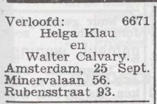 Bekendmaking van de  verloving van Walter Calvary en Helga Klau