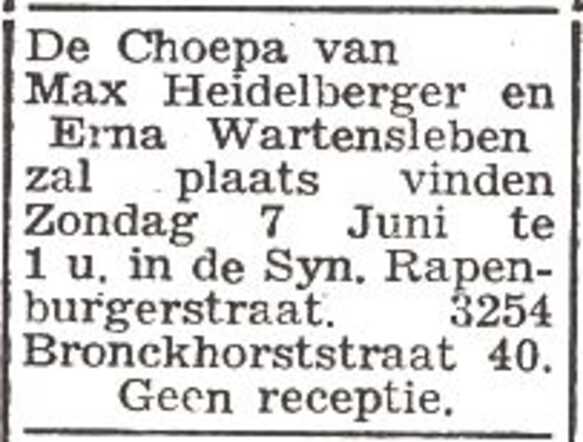 Aankondiging van de huwelijksinzegening van Erna Wartensleben en Max Heidelberger