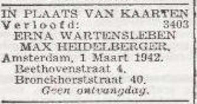 Vermelding van de verloving van Erna Wartensleben en Max Heidelberger