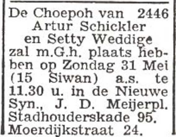 Aankondiging van de huwelijksinzegening van Artur Schickler en Rosette Weddige