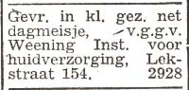 Advertentie van het Instituut voor Huidverzorging van mw. Weening