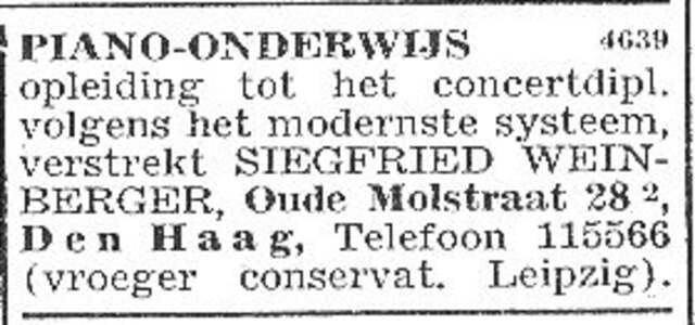 Advertentie van pianist Siegfried Weinberger