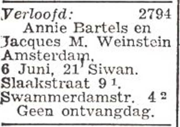 Vermelding van de verloving van Annie Bartels en Jacob Michael Weinstein