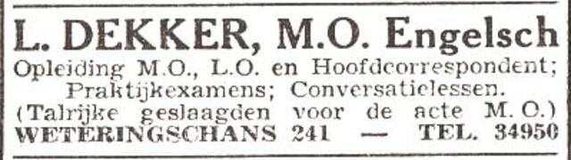 Advertentie van leraar Levie Dekker