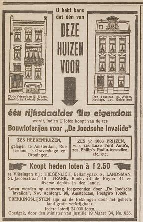 David Hiegenlich verkocht loten ten bate van de bouw van "De Joodsche Invalide".  (Advertentie in Vlissingsche Courant van 15 april 1935).