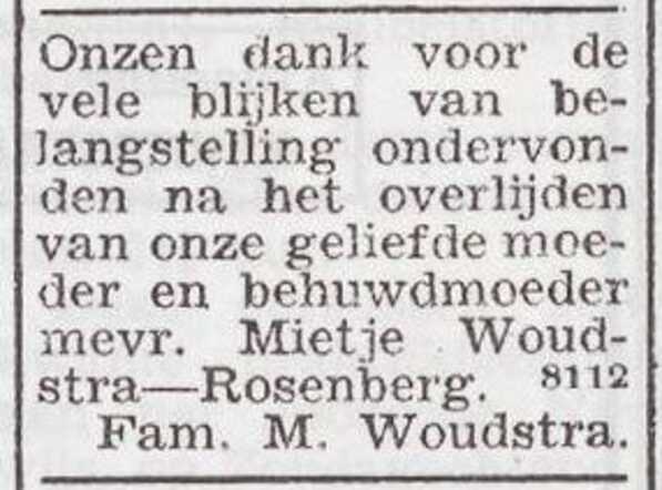 Dankbetuiging van de familie Woudstra