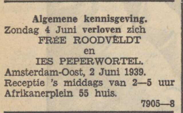 Zaans Volksblad 3 juni 1939, dag. pag. 4. Verlovingsadv. Izaäk (Ies) Peperwortel en Vrouwtje (Frée) Roodveldt.