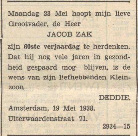 Verjaardagsadvertentie Jacob Zak.