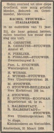 Zaans Volksblad sociaal-democratisch dagblad, 31 maart 1939, dag, pag. 14. Overlijdensadv. Rachel Stouwer-Italiaander.