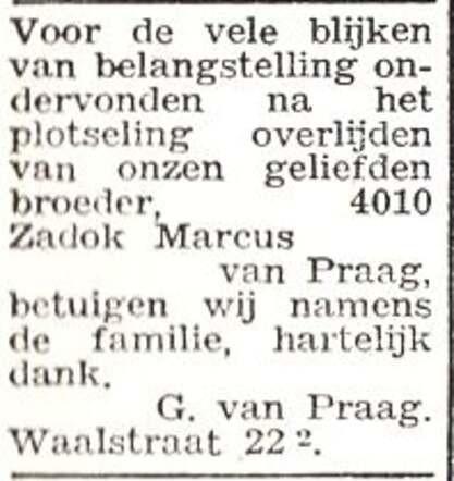 Dankbetuiging namens de familie van Praag