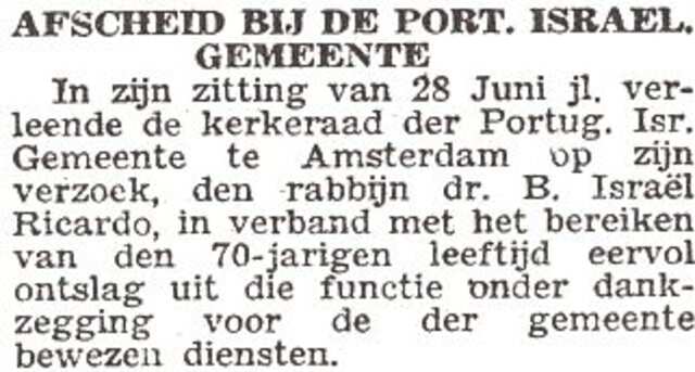 Eervol ontslag van rabbijn dr. Benjamin Ricardo