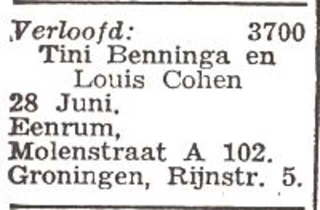 Vermelding van de verloving van Zoetiene Kaatje (Tini) Benninga en Louis Cohen