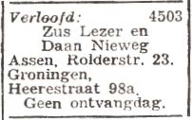 Vermelding van de verloving van Sara Lezer en Daniël Nieweg