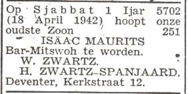 Aankondiging van de bar mitswa van Isaac Maurits Zwartz