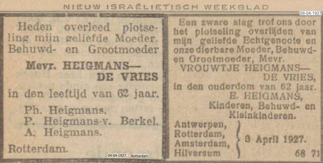 1927 overlijdensadvert. Heigmans-de Vries