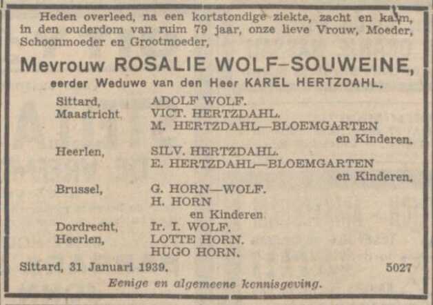 1939.01.31 - Rosalie Wolf-Souweine (wed. Karel Hertzdahl) - Overlijden