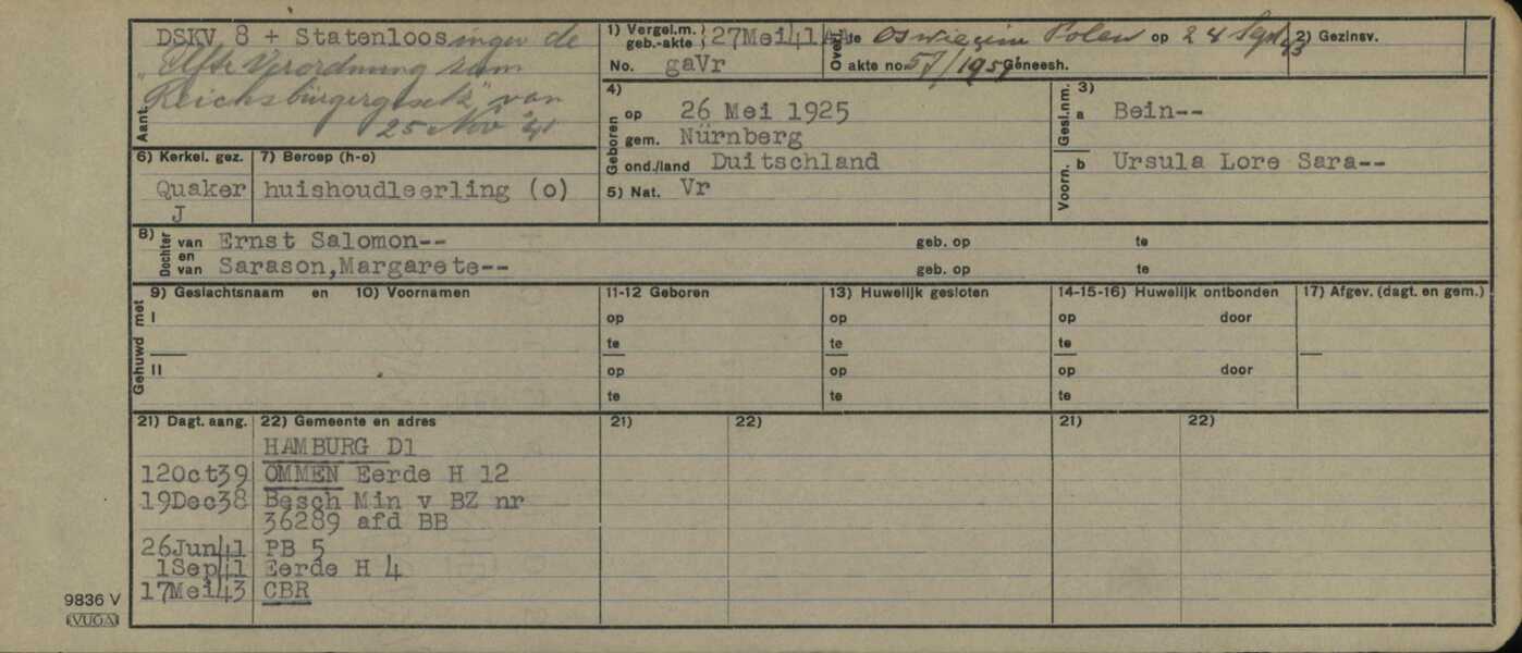 Persoonskaart Ursula Lore Sara Bein