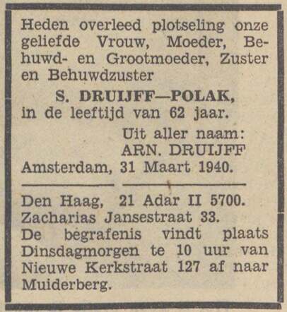 Overlijdensbericht van mevrouw Druijff.