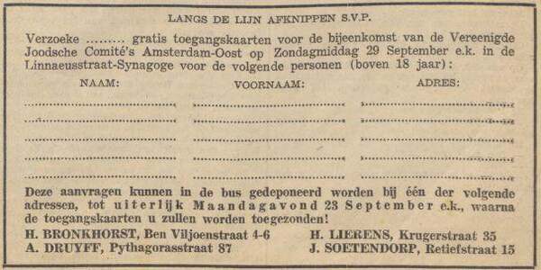 Aanmeldingsformulier voor de grote bijeenkomst van 23 sept. 1940.