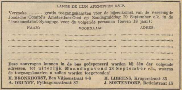 Aanmeldingsformulier voor de grote bijeenkomst van 23 sept. 1940.