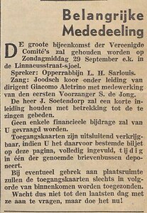 Optreden van Joodsch Koor o.l.v. Giacomo Aletrino tijdens Grote Bijeenkomst.