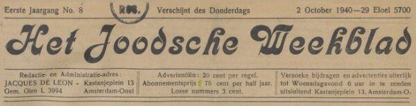 Kop van Het Joodsche Weekblad.