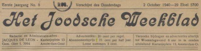 Kop van Het Joodsche Weekblad.