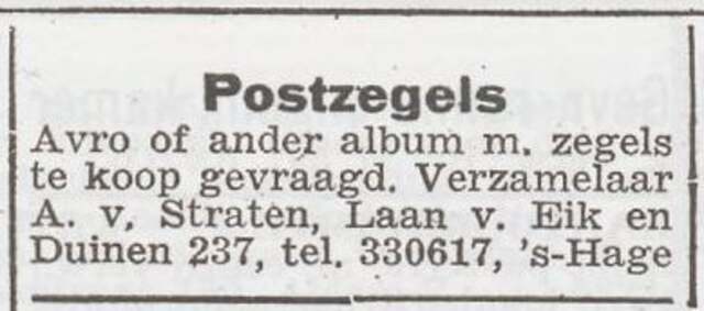 Advertentie 'te koop gevraagd' van Abraham van Straten