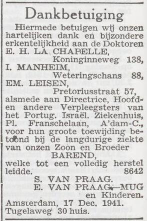 Dankbetuiging van de familie Samuel van Praag