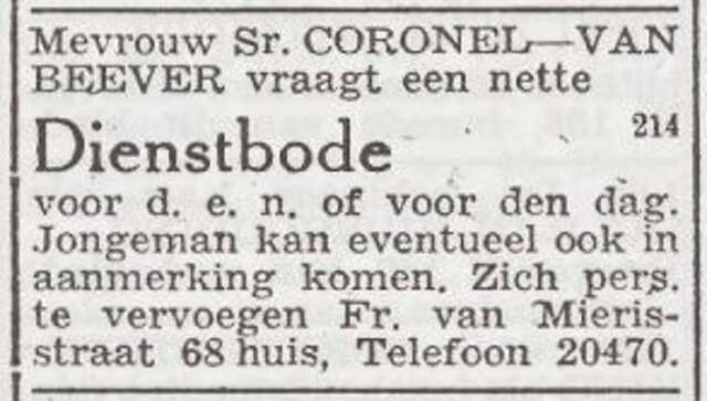 Advertentie 'personeel gevraagd' van Catharina Coronel-van Beever