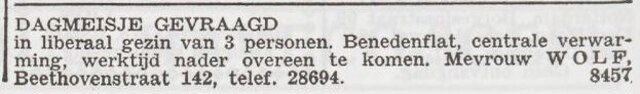 Advertentie 'personeel gevraagd' van het gezin Wolf