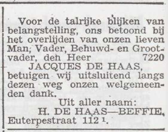 Dankbetuiging van de familie De Haas-Beffie