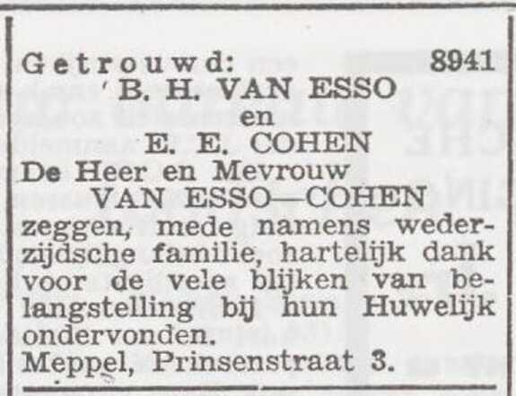Dankbetuiging van Benno van Esso en Elsa van Esso-Cohen