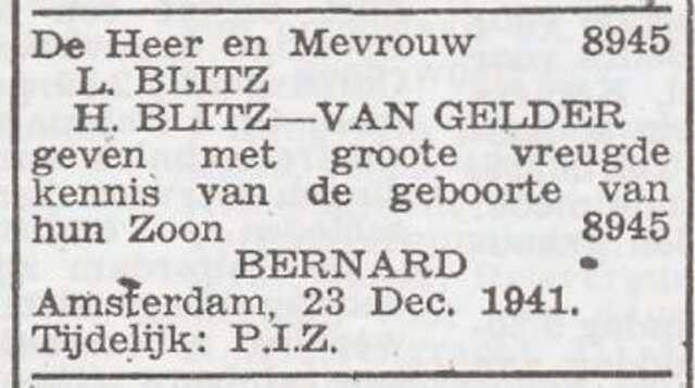 Bekendmaking van de geboorte van Bernard Blitz