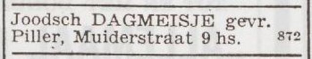 Advertentie 'personeel gevraagd' van Bertha Piller-Wertheijm