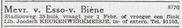 Advertentie 'personeel gevraagd' van Evelina van Esso-van Biene