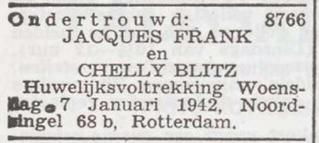 Aankondiging van de ondertrouw van Izak Nathan Frank en Rachel Blitz
