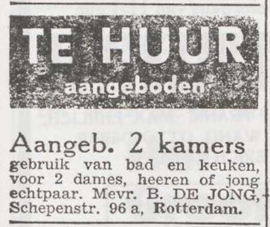 Advertentie 'te huur aangeboden' van Bertha de Jong-Brandel