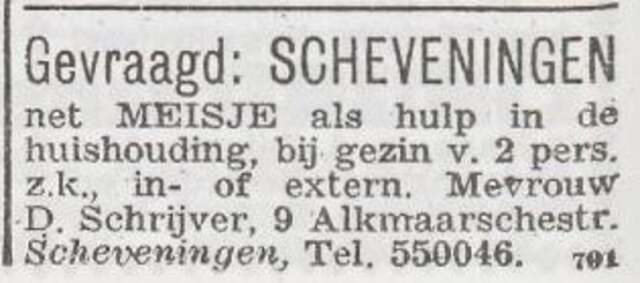 Advertentie 'personeel gevraagd' van Hedwig Schrijver-Buchheimer