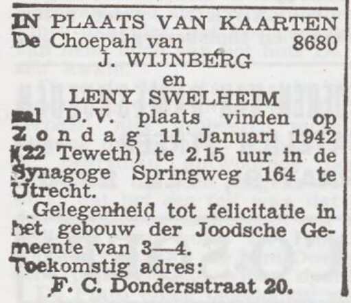Aankondiging van de huwelijksinzegening van Joseph Wijnberg en Helene Swelheim