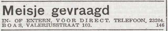 Advertentie 'personeel gevraagd' van het gezin Benjamin Boas
