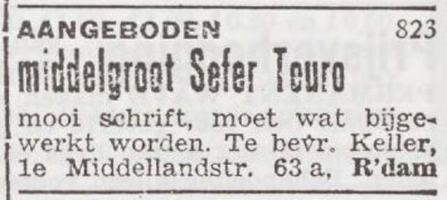 Advertentie 'aanbod Torarol' van Chaim Keller