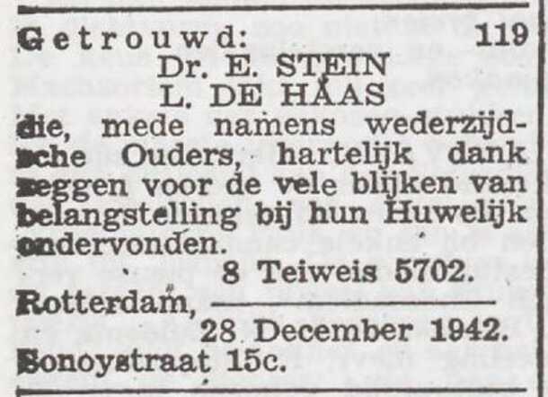 Dankbetuiging van het echtpaar Elchanan en Lien Stein-de Haas
