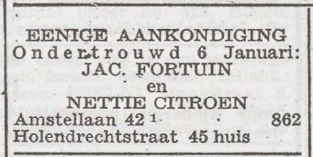 Aankondiging van ondertrouw van Jacob Fortuin en Nettie Citroen