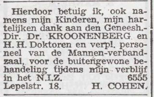 Dankbetuiging van Hartog Cohen