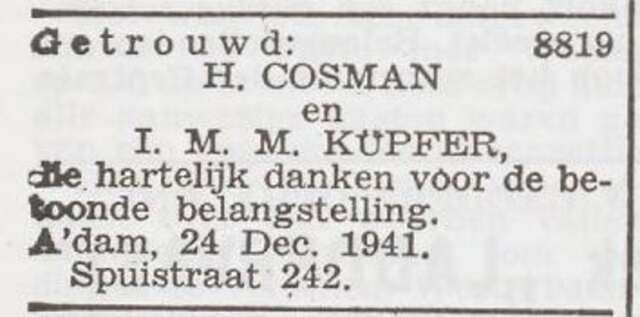 Bekendmaking van het huwelijk van Hartog Cosman en Ilse Küpfer