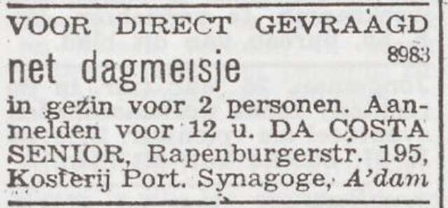 Advertentie 'personeel gevraagd' van Mozes da Costa Senoir