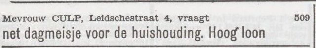 Advertentie 'personeel gevraagd' van het gezin Culp