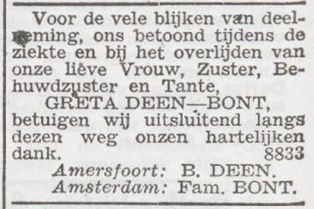 Dankbetuiging van Barend Deen en de familie Bont