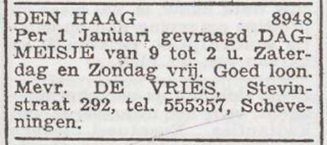Advertentie 'personeel gevraagd' van Betje de Vries-Israëls